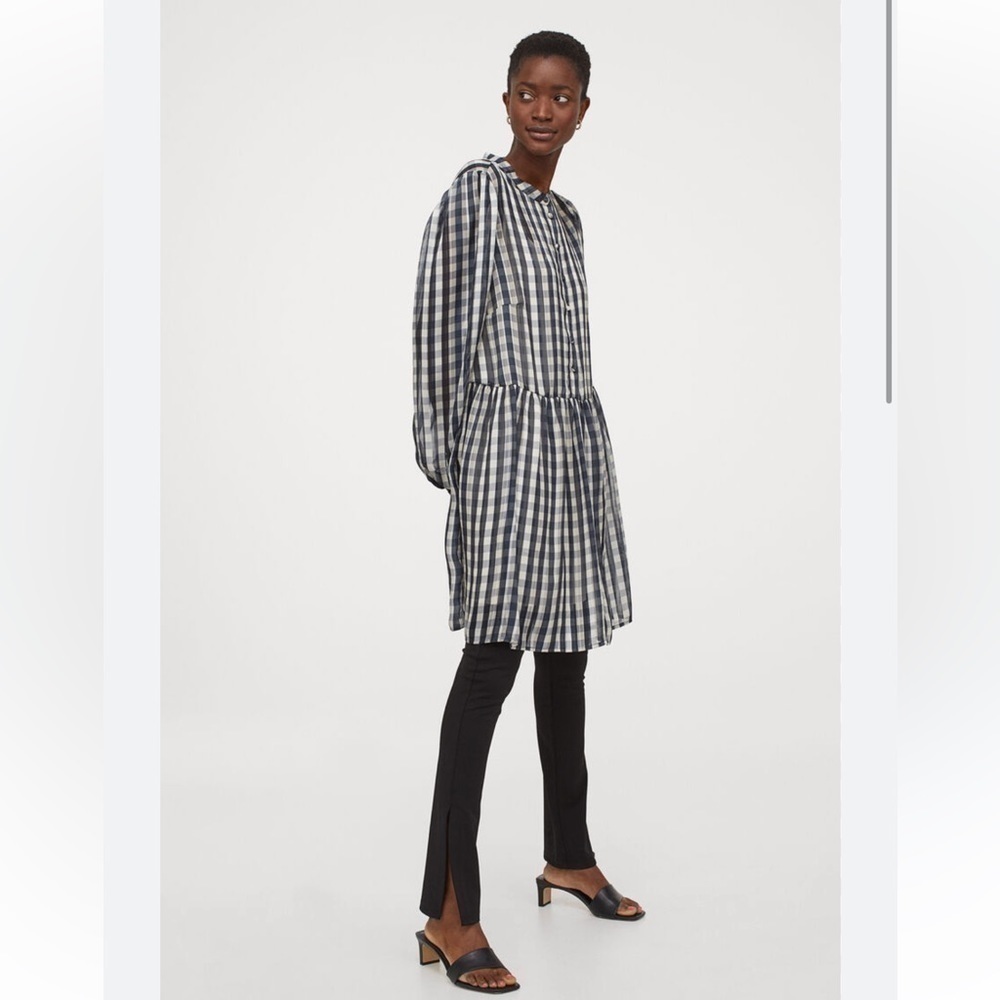 H&M dress long sleeve wide cut modest button chiffon checked size S oversized - Picture 2 of 4